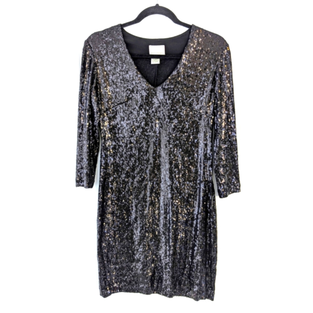 Donna Morgan Metallic Sequin Cocktail Dress Size 6 Black Stretch 3/4 Sleeve